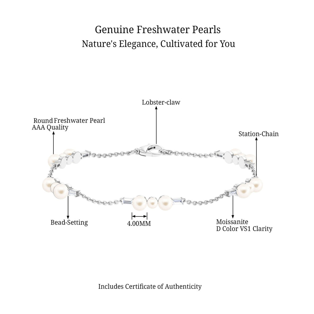 Genuine Freshwater Pearl and Moissanite Station Chain Bracelet