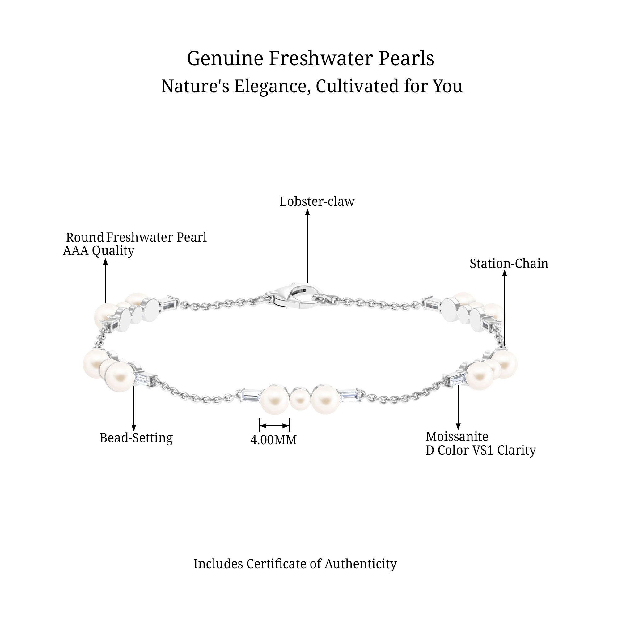 Genuine Freshwater Pearl and Moissanite Station Chain Bracelet