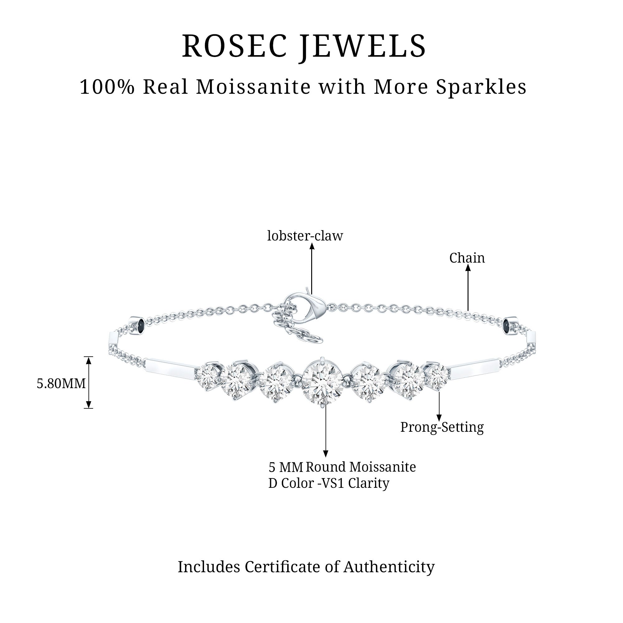 Graduated Style Round Moissanite Link Chain Bracelet for Women