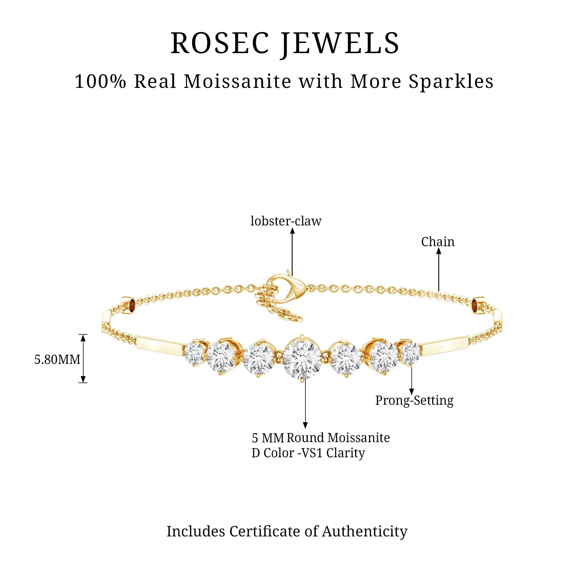 Graduated Style Round Moissanite Link Chain Bracelet for Women