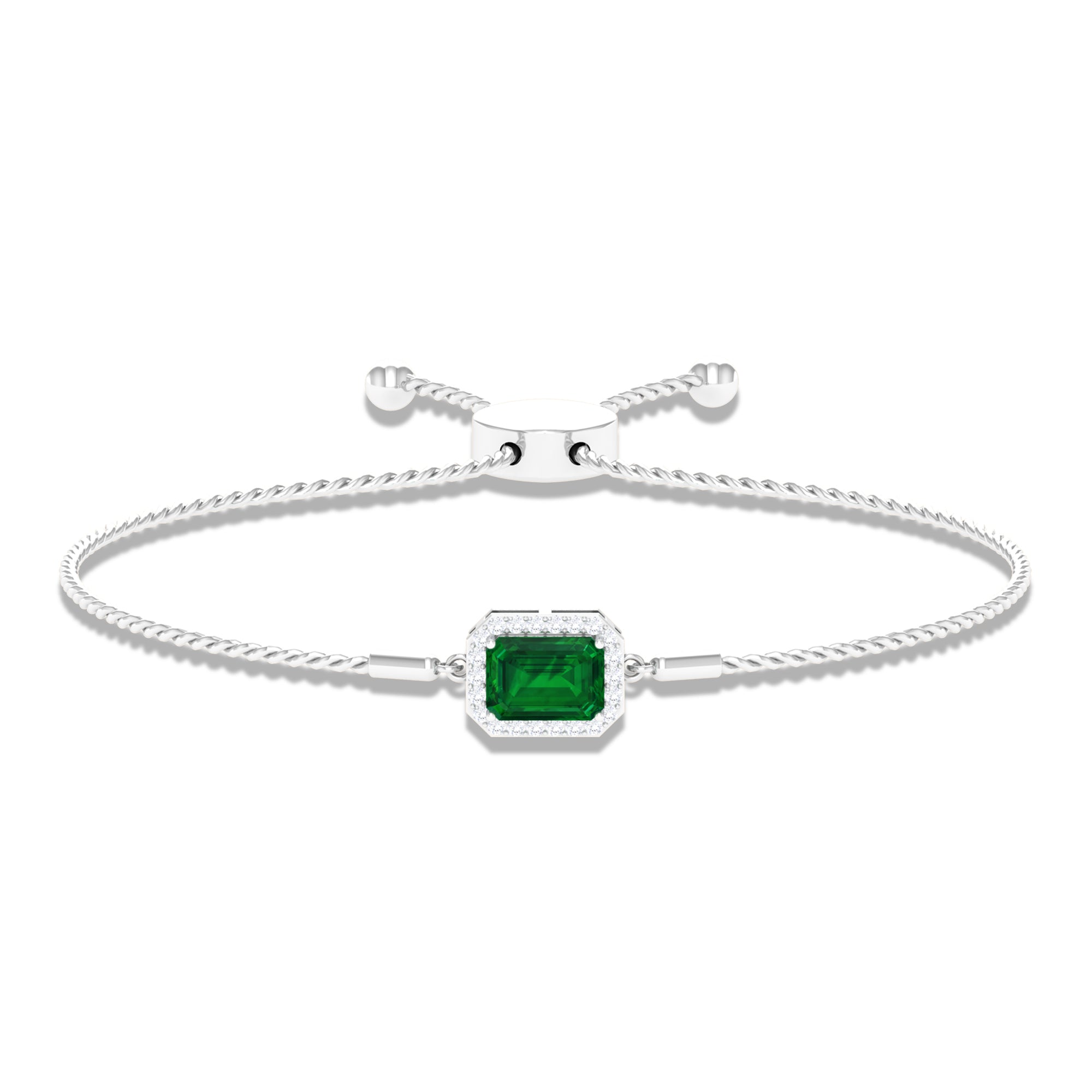 Lab Created Emerald Bolo Chain Bracelet with Diamond Halo