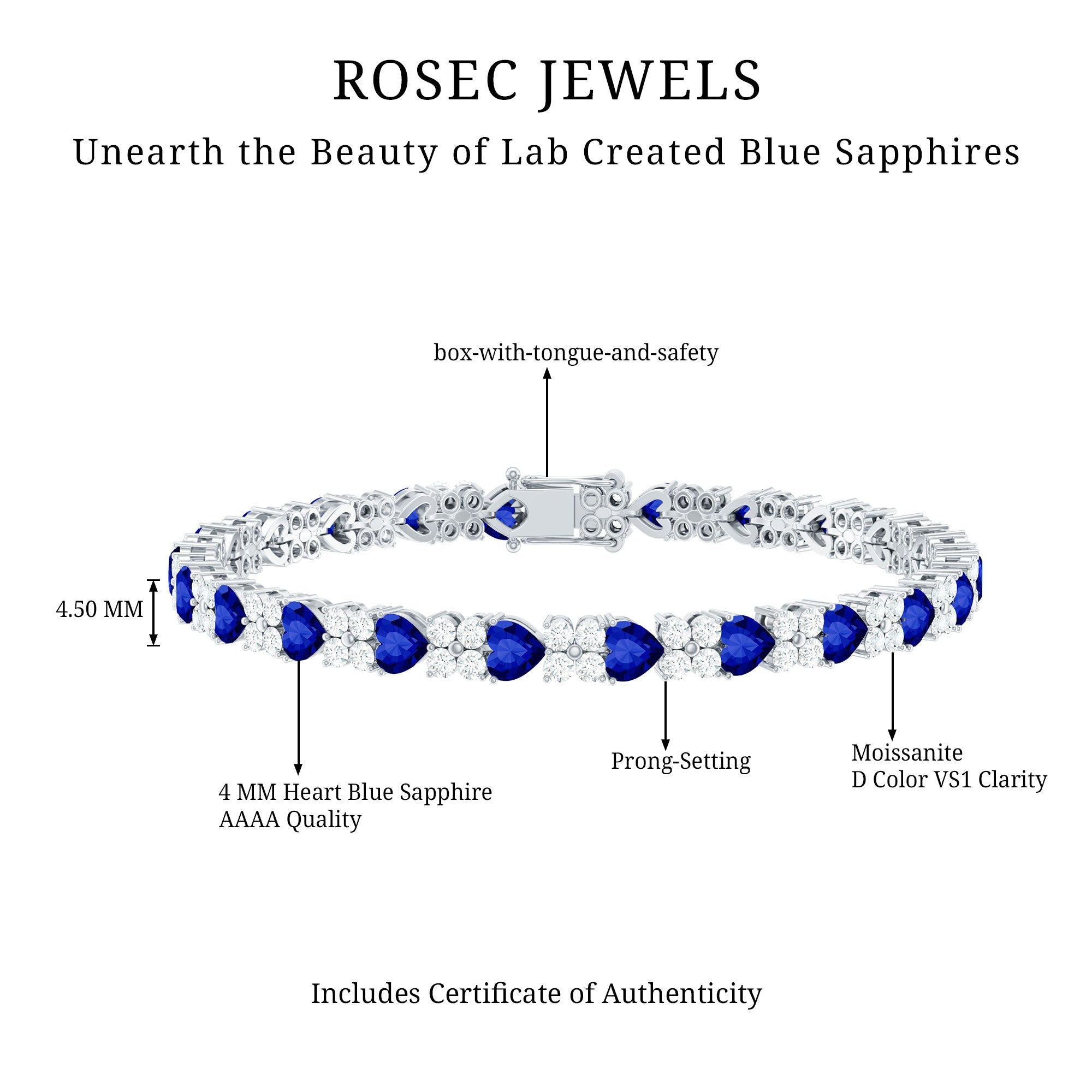 Certified Lab Grown Blue Sapphire And Moissanite Heart Tennis Bracelet
