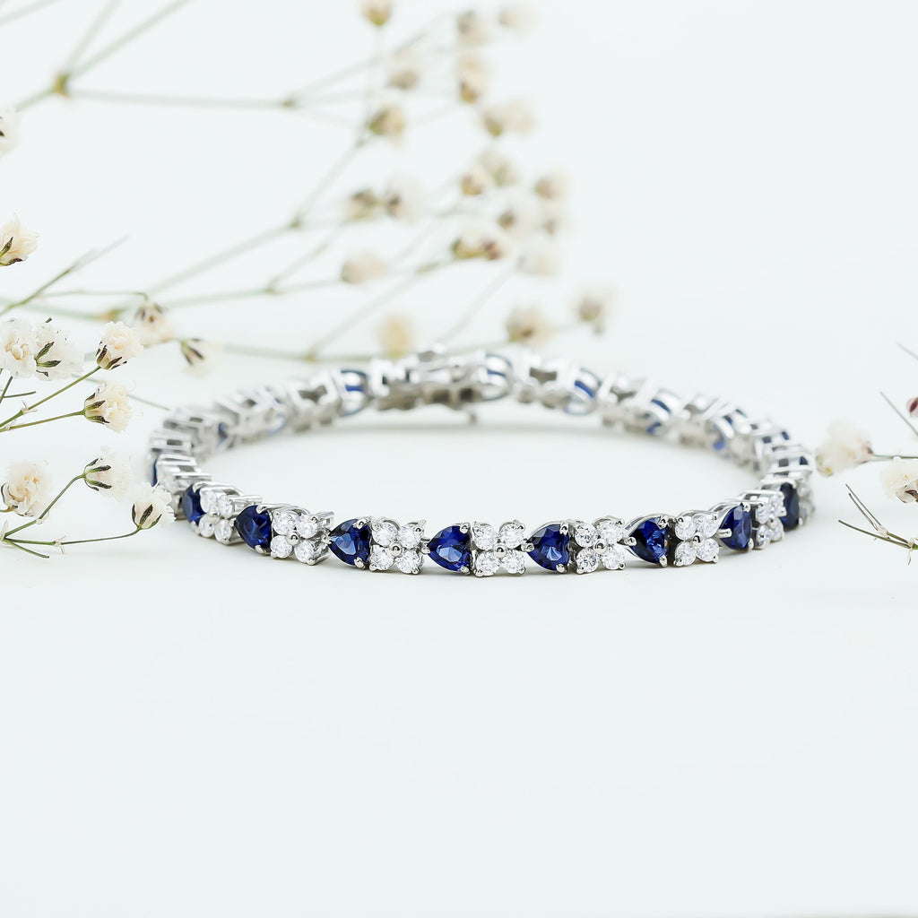 Certified Lab Grown Blue Sapphire And Moissanite Heart Tennis Bracelet