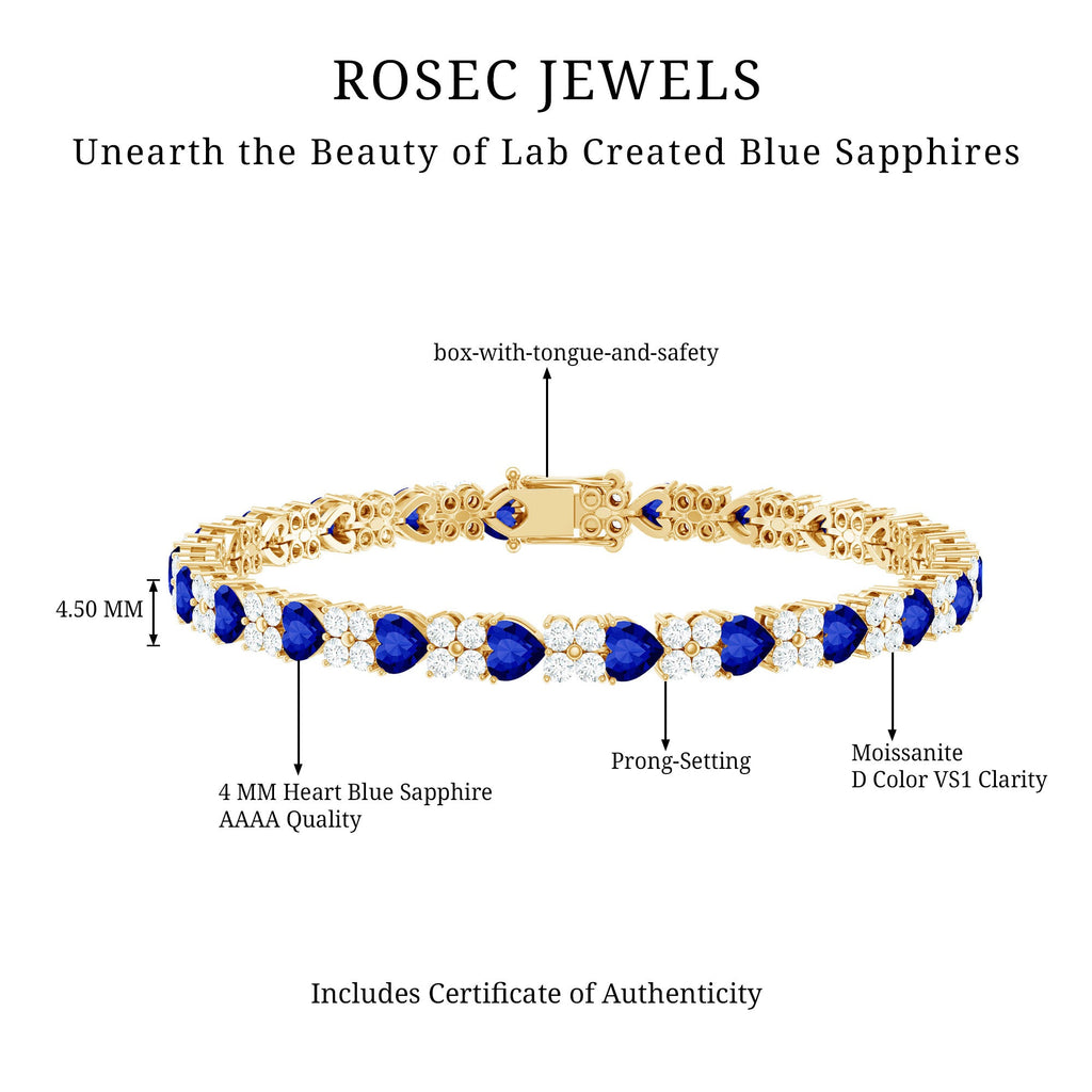 Certified Lab Grown Blue Sapphire And Moissanite Heart Tennis Bracelet