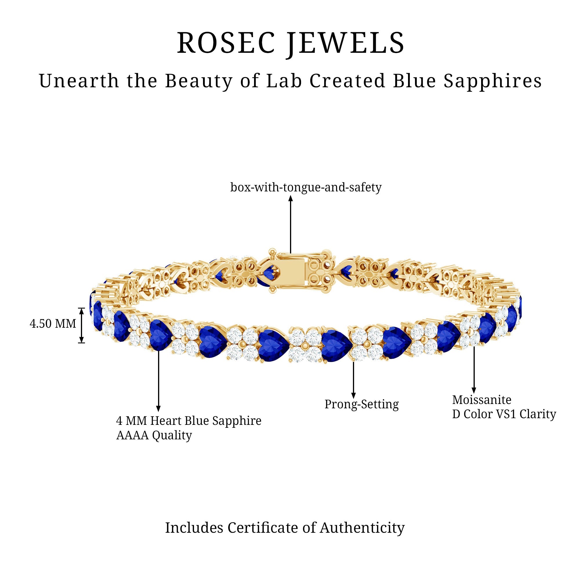 Certified Lab Grown Blue Sapphire And Moissanite Heart Tennis Bracelet