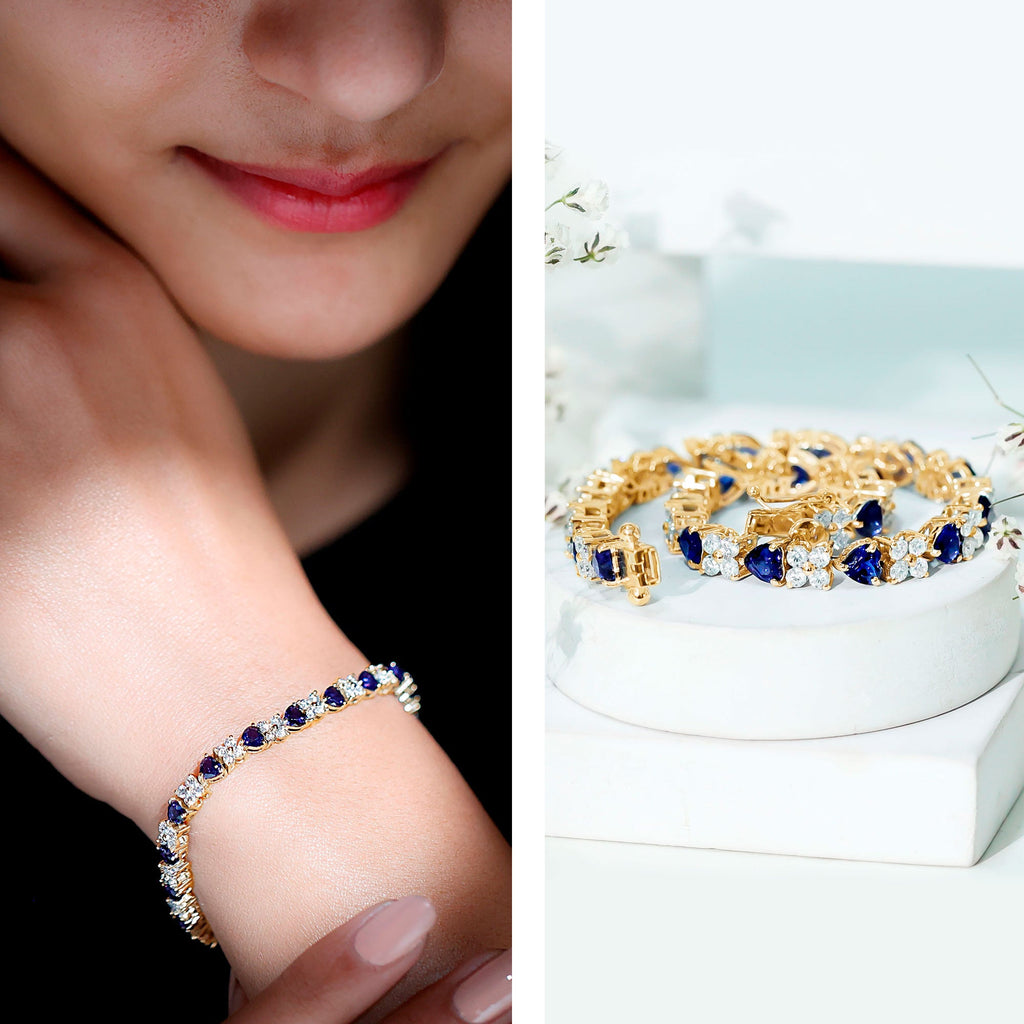 Certified Lab Grown Blue Sapphire And Moissanite Heart Tennis Bracelet