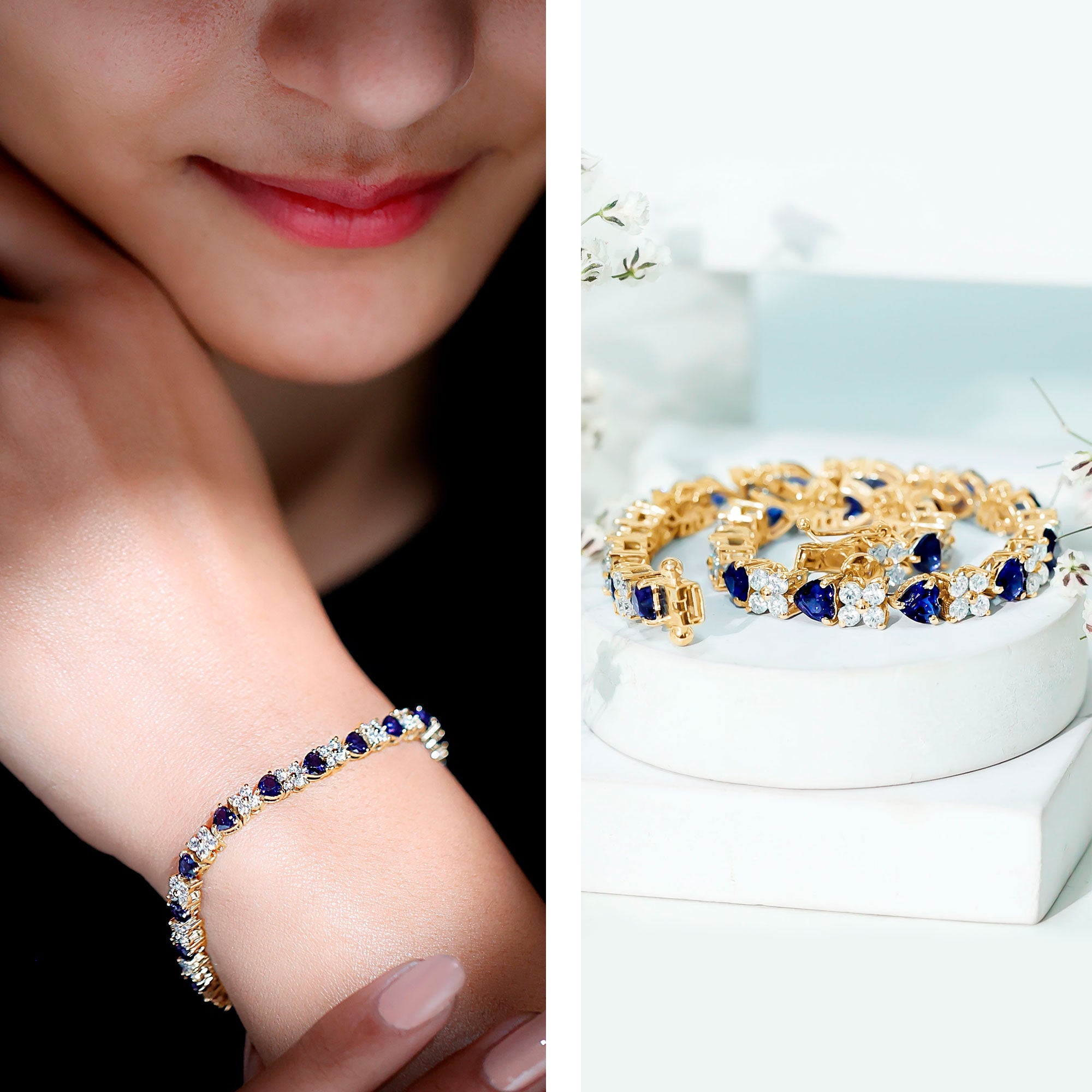 Certified Lab Grown Blue Sapphire And Moissanite Heart Tennis Bracelet