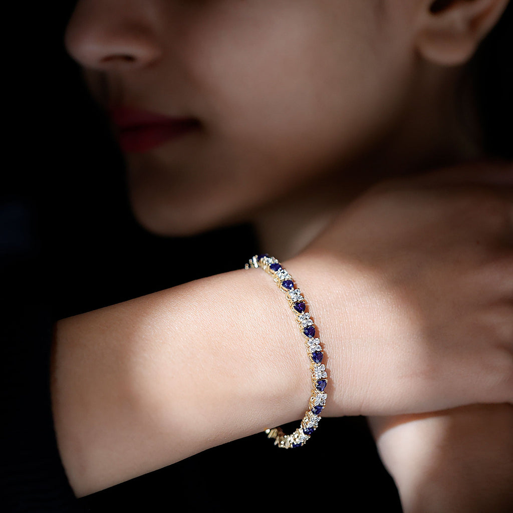 Certified Lab Grown Blue Sapphire And Moissanite Heart Tennis Bracelet