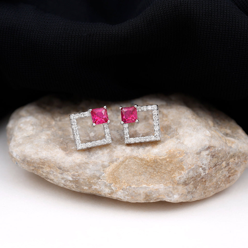 Princess Cut Lab Created Ruby and Diamond Square Stud Earrings