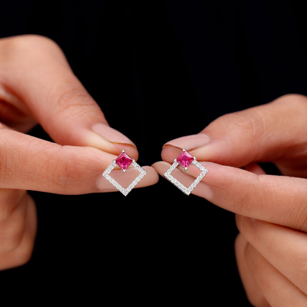 Princess Cut Lab Created Ruby and Diamond Square Stud Earrings