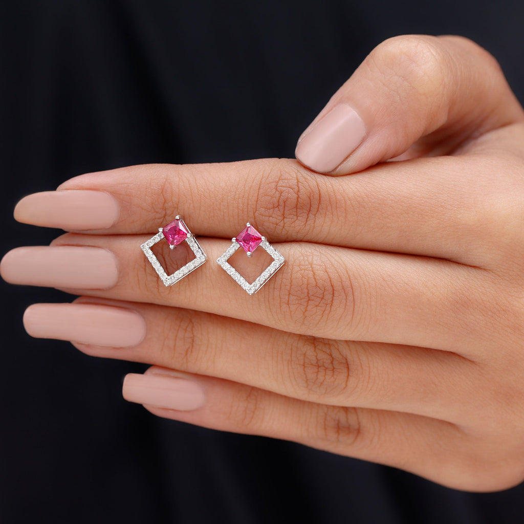 Princess Cut Lab Created Ruby and Diamond Square Stud Earrings