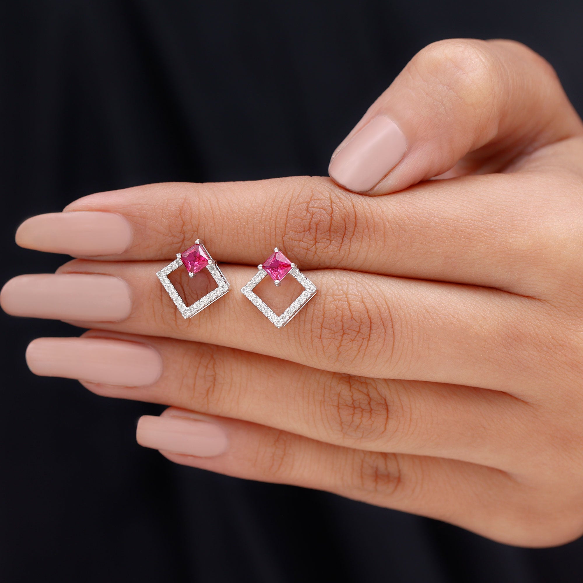 Princess Cut Lab Created Ruby and Diamond Square Stud Earrings