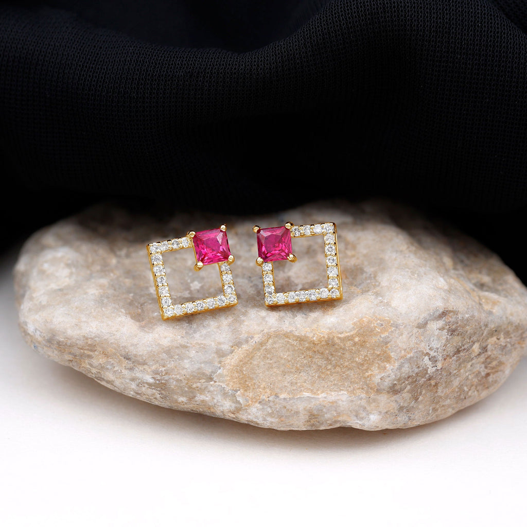 Princess Cut Lab Created Ruby and Diamond Square Stud Earrings