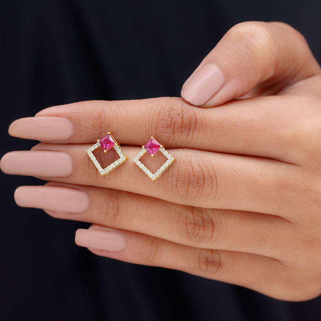 Princess Cut Lab Created Ruby and Diamond Square Stud Earrings