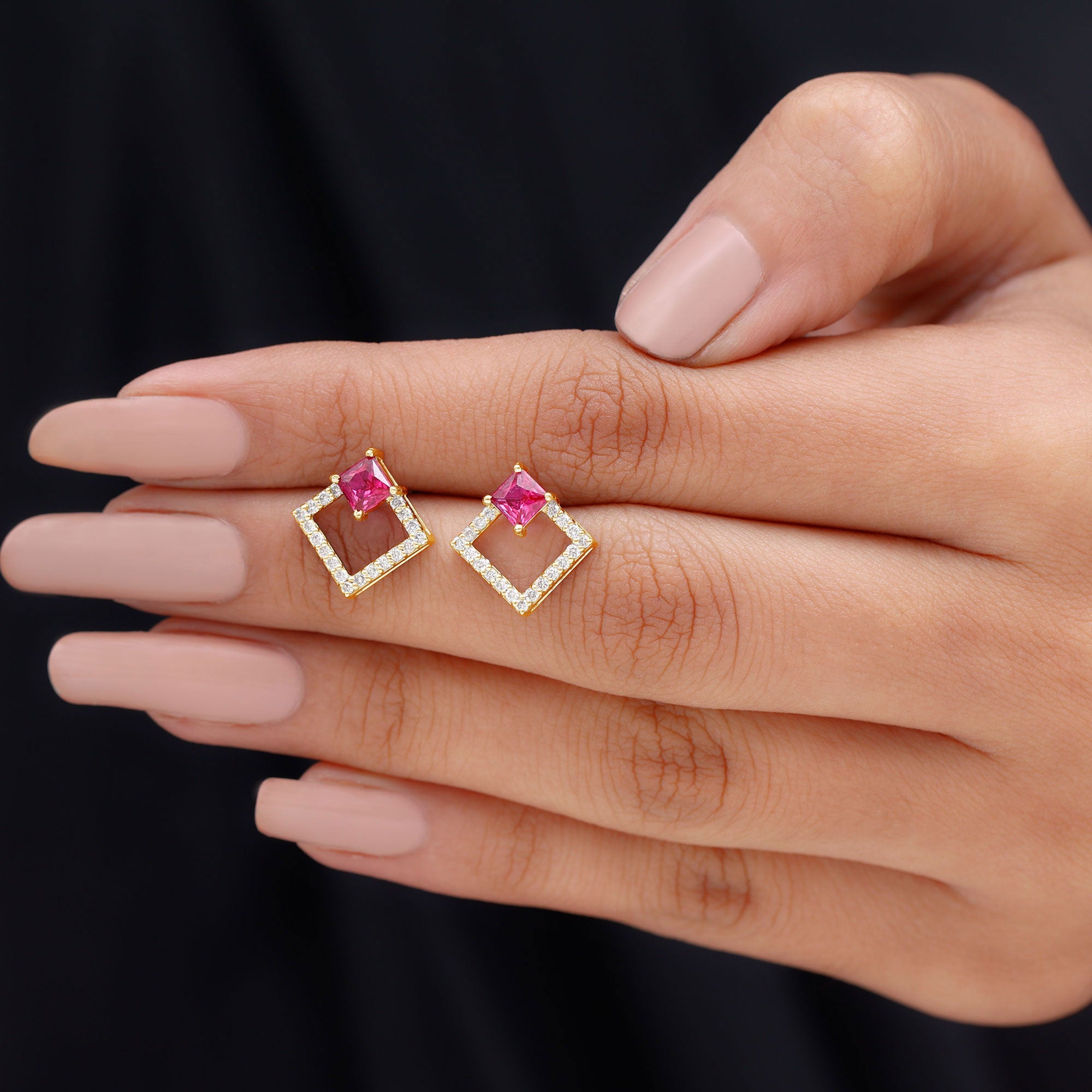 Princess Cut Lab Created Ruby and Diamond Square Stud Earrings