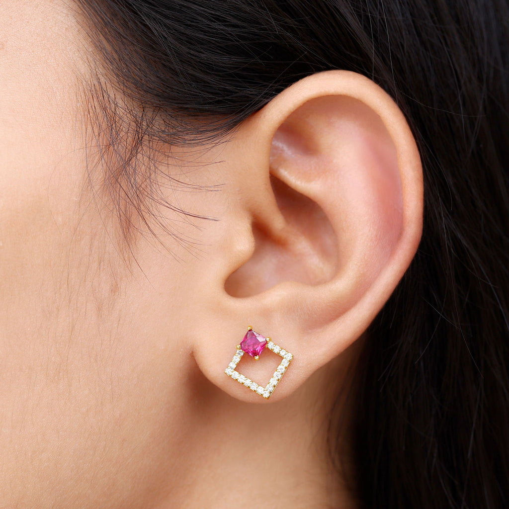 Princess Cut Lab Created Ruby and Diamond Square Stud Earrings
