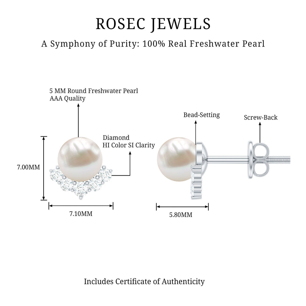Modern Stud Earrings with Freshwater Pearl and Diamond