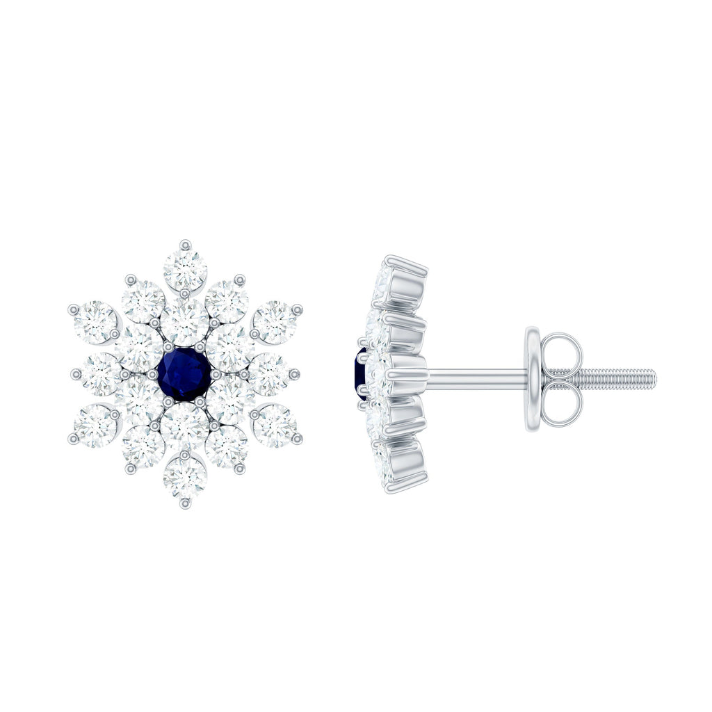 Real Blue Sapphire and Diamond Floral Cluster Stud Earrings
