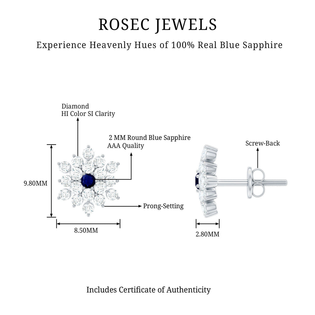 Real Blue Sapphire and Diamond Floral Cluster Stud Earrings