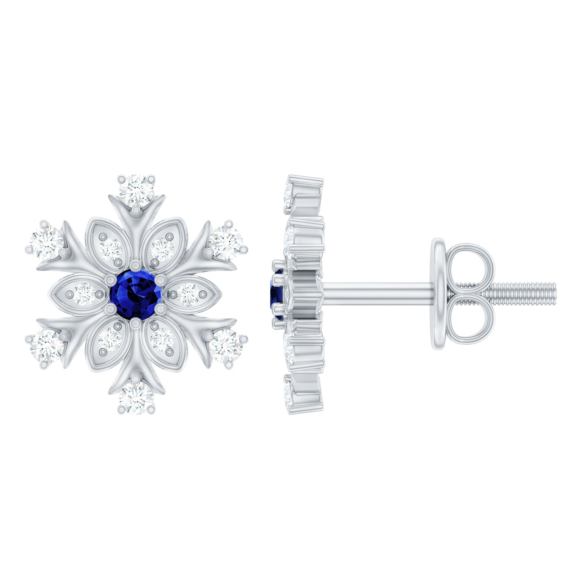 Lab Created Blue Sapphire and Moissanite Snowflake Stud Earrings