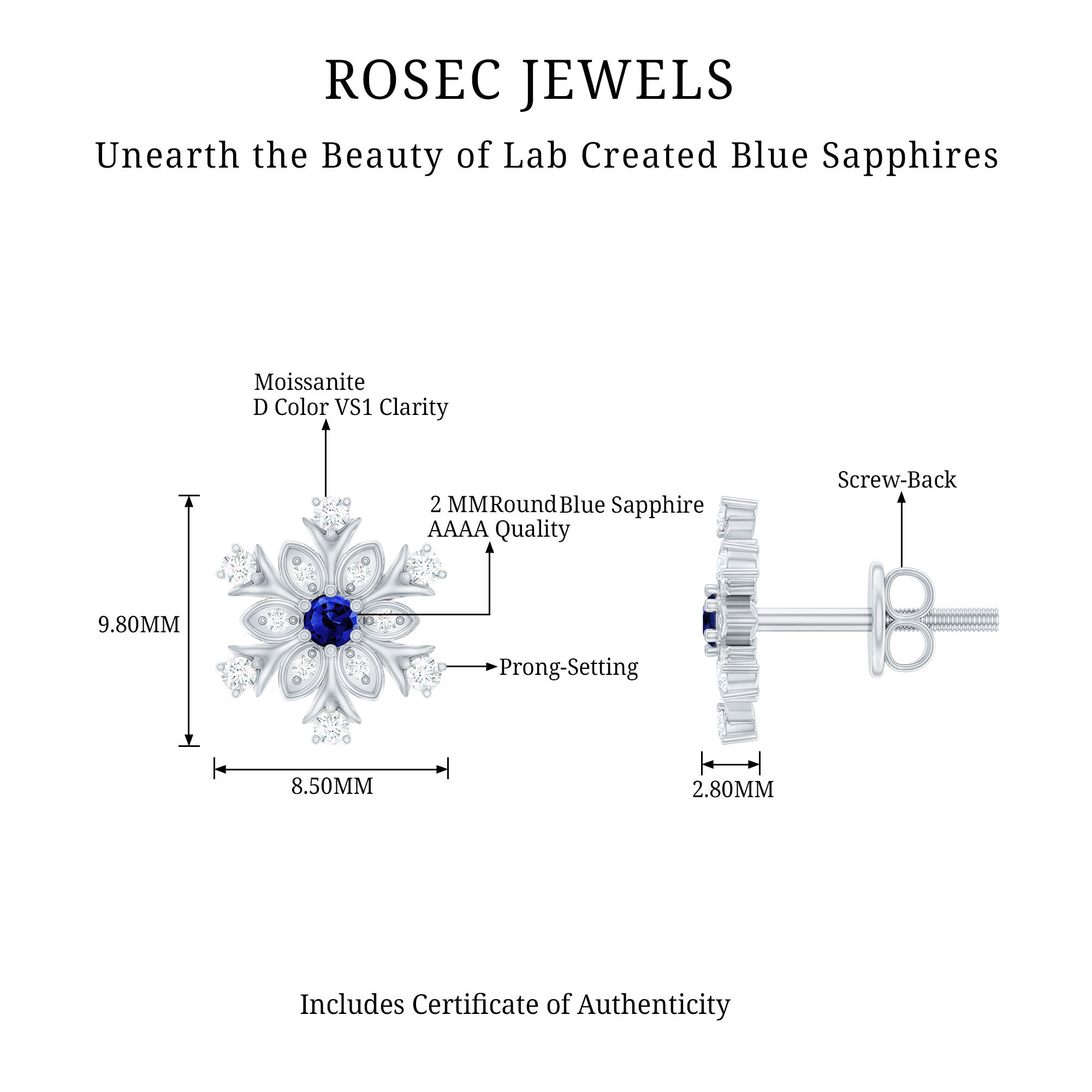 Created Blue Sapphire Snowflake Stud Earrings with Moissanite