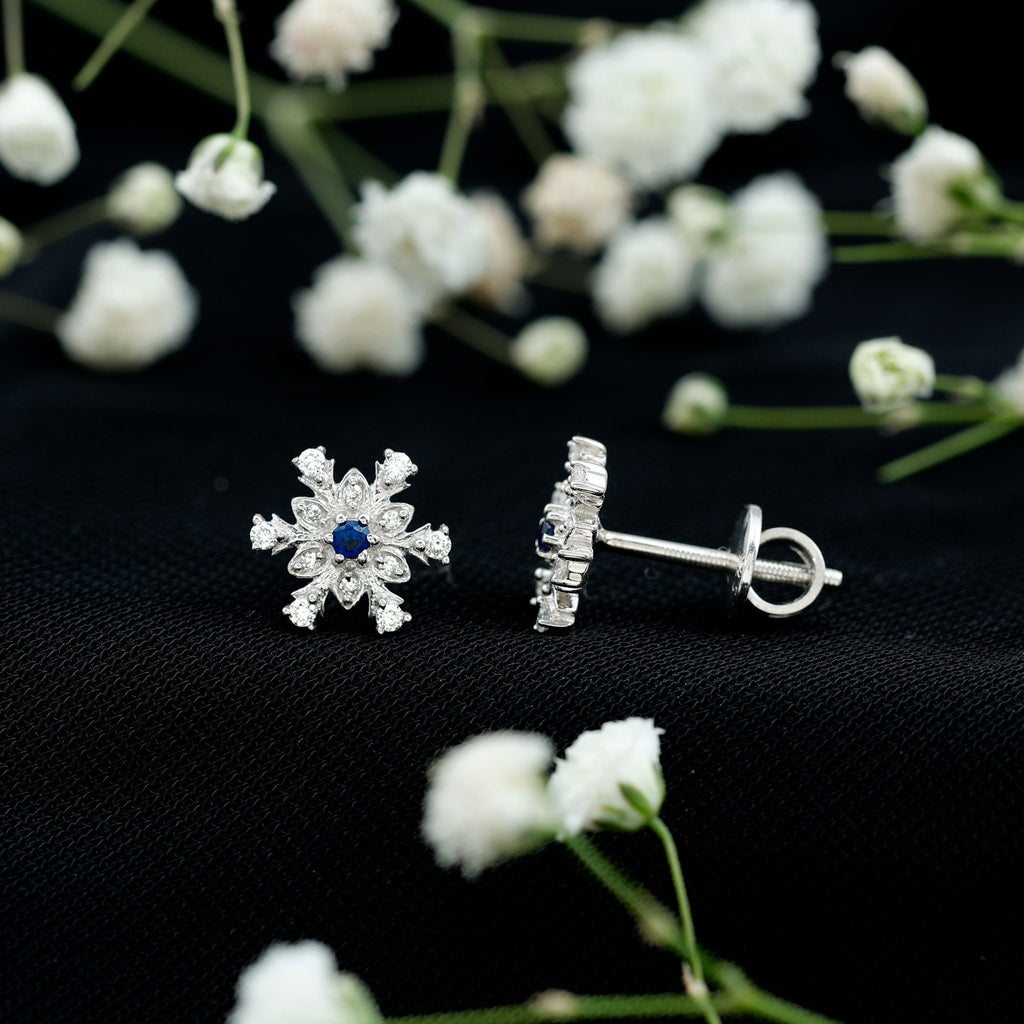 Lab Created Blue Sapphire and Moissanite Snowflake Stud Earrings