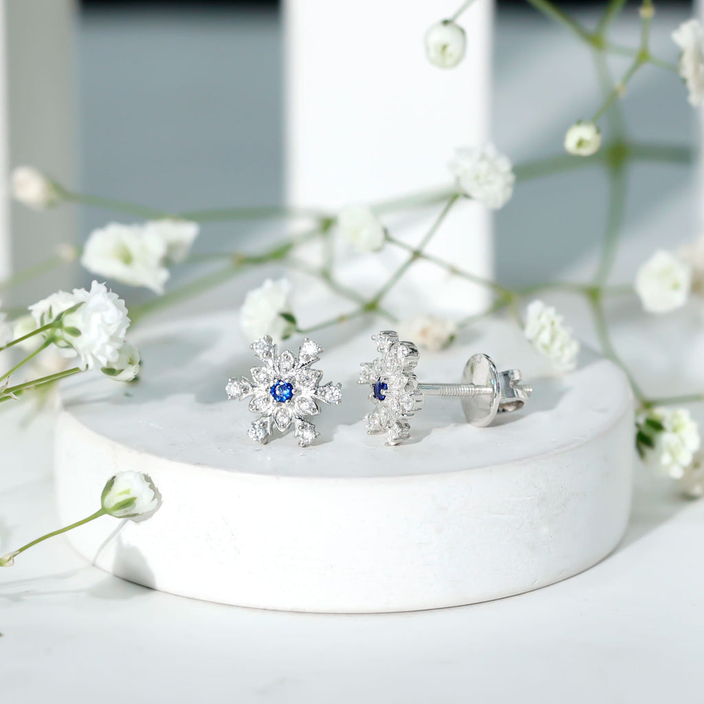 Lab Created Blue Sapphire and Moissanite Snowflake Stud Earrings