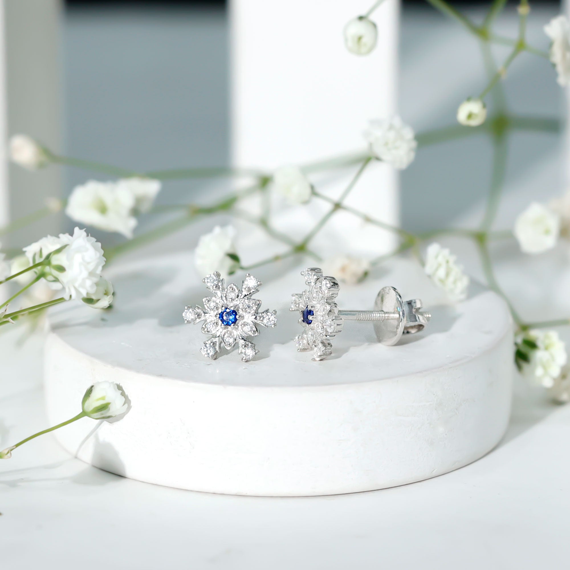 Lab Created Blue Sapphire and Moissanite Snowflake Stud Earrings