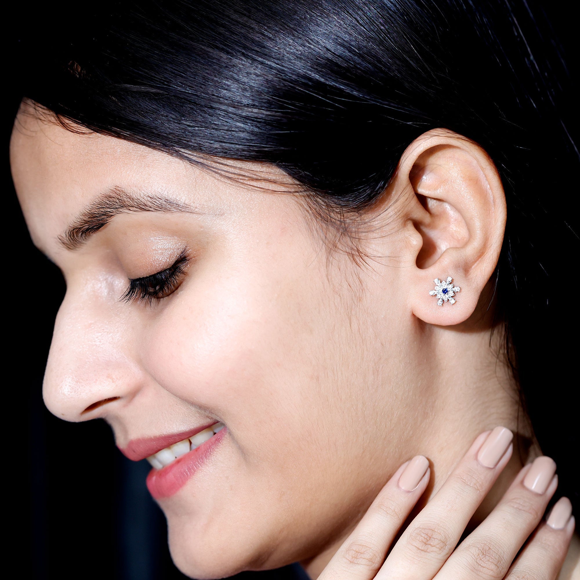 Lab Created Blue Sapphire and Moissanite Snowflake Stud Earrings