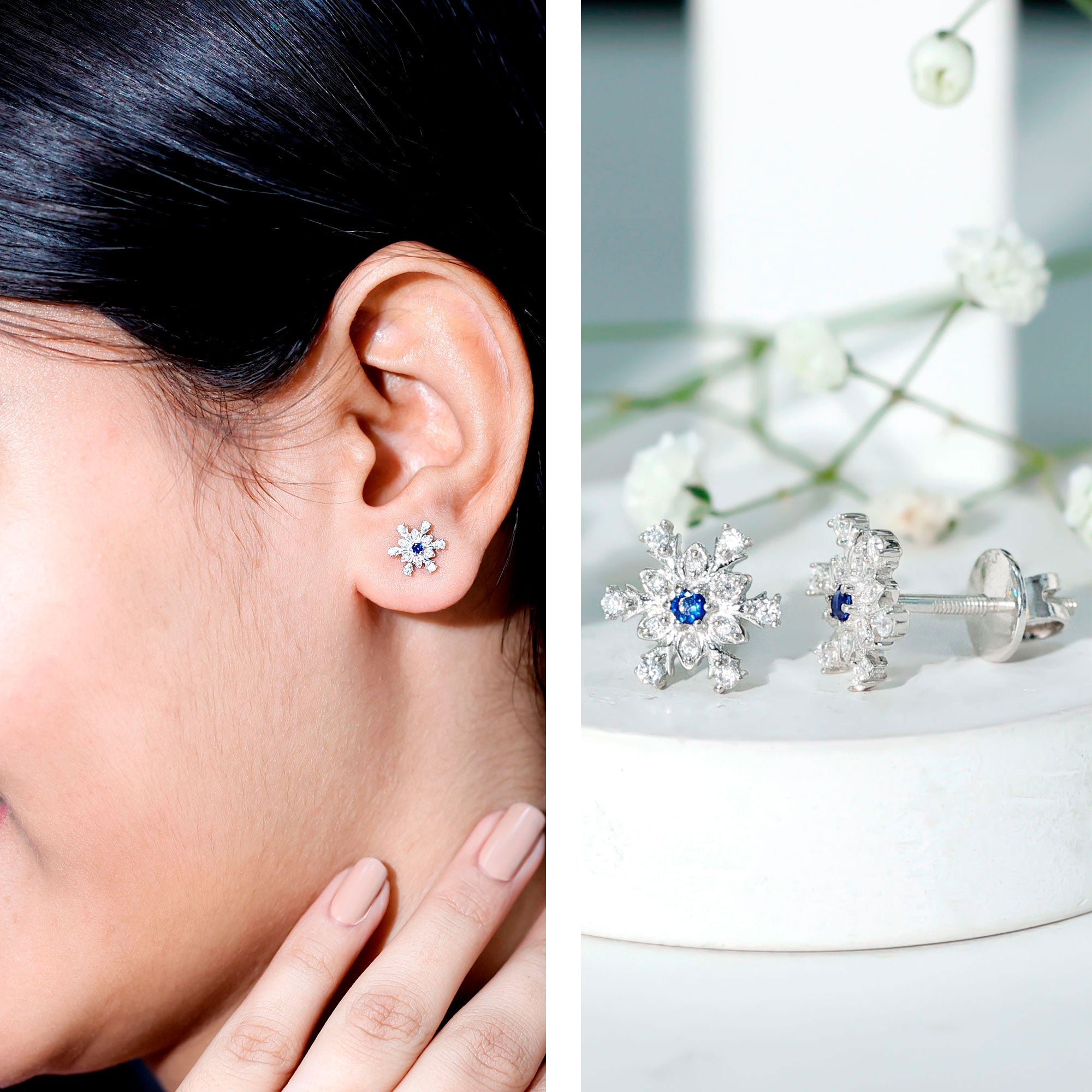 Lab Created Blue Sapphire and Moissanite Snowflake Stud Earrings