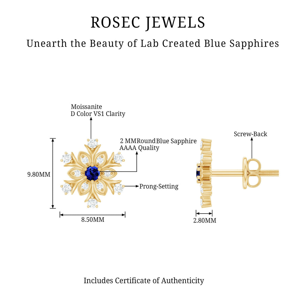 Created Blue Sapphire Snowflake Stud Earrings with Moissanite