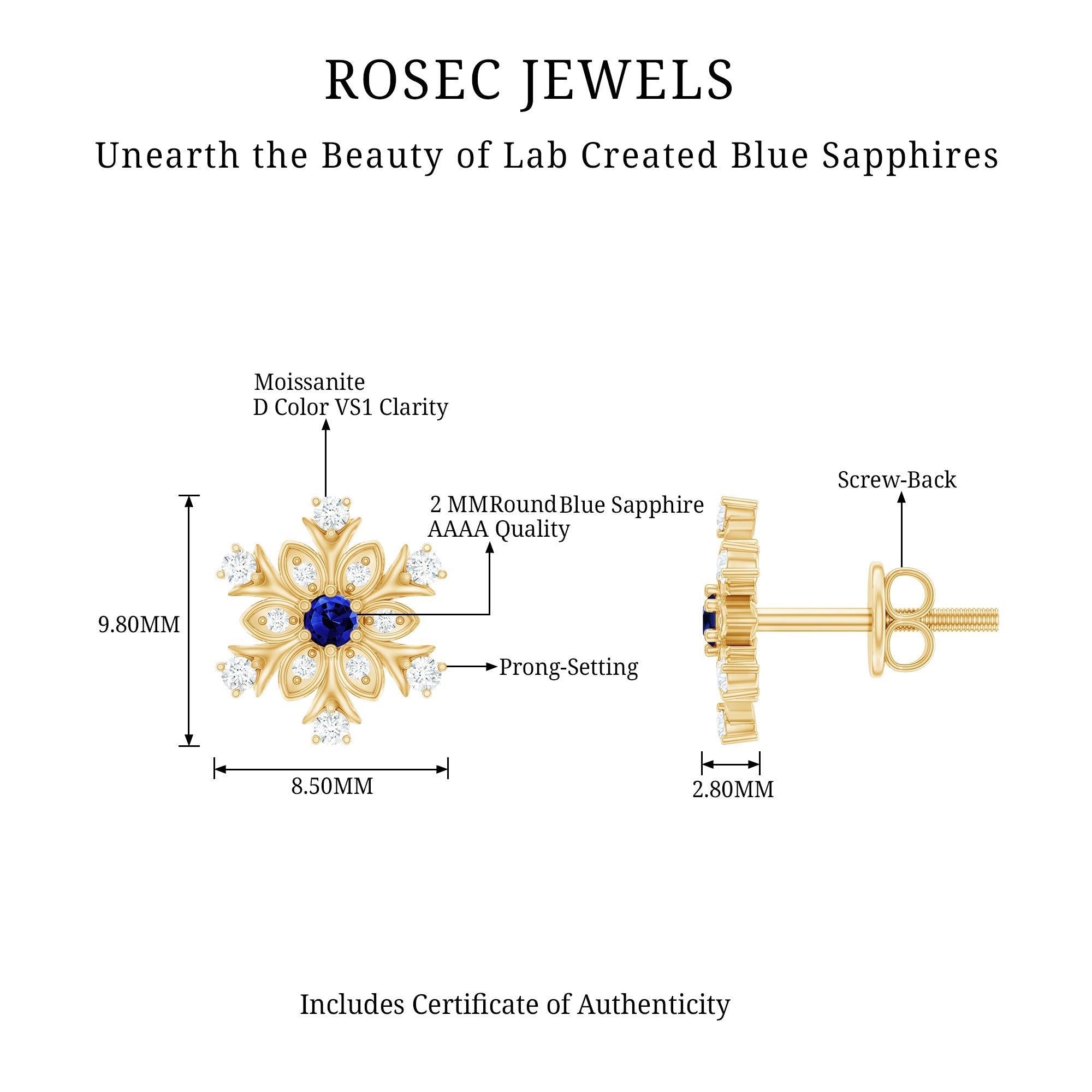 Created Blue Sapphire Snowflake Stud Earrings with Moissanite