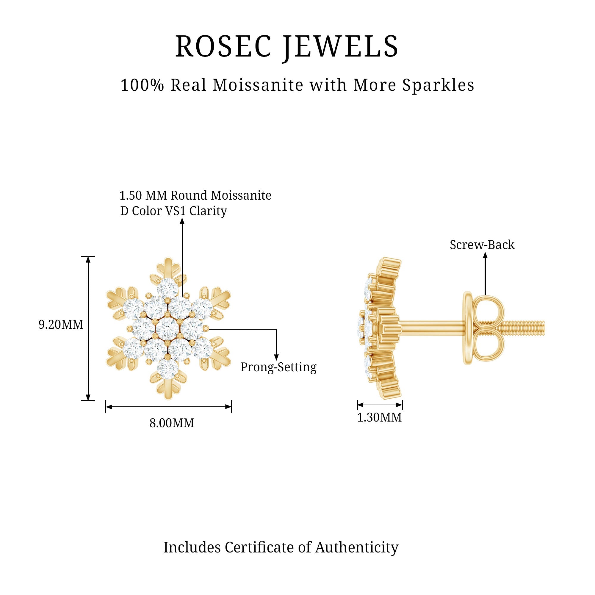 Certified Moissanite Winter Snowflake Stud Earrings