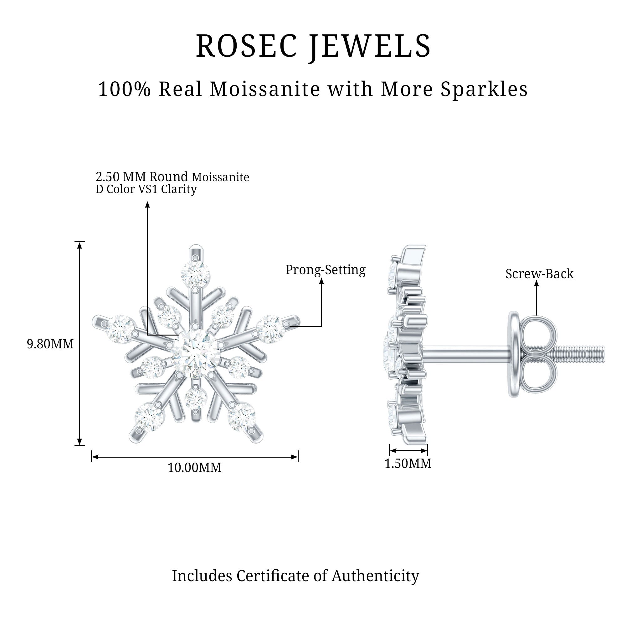 Certified Moissanite Snowflake Stud Earrings for Women