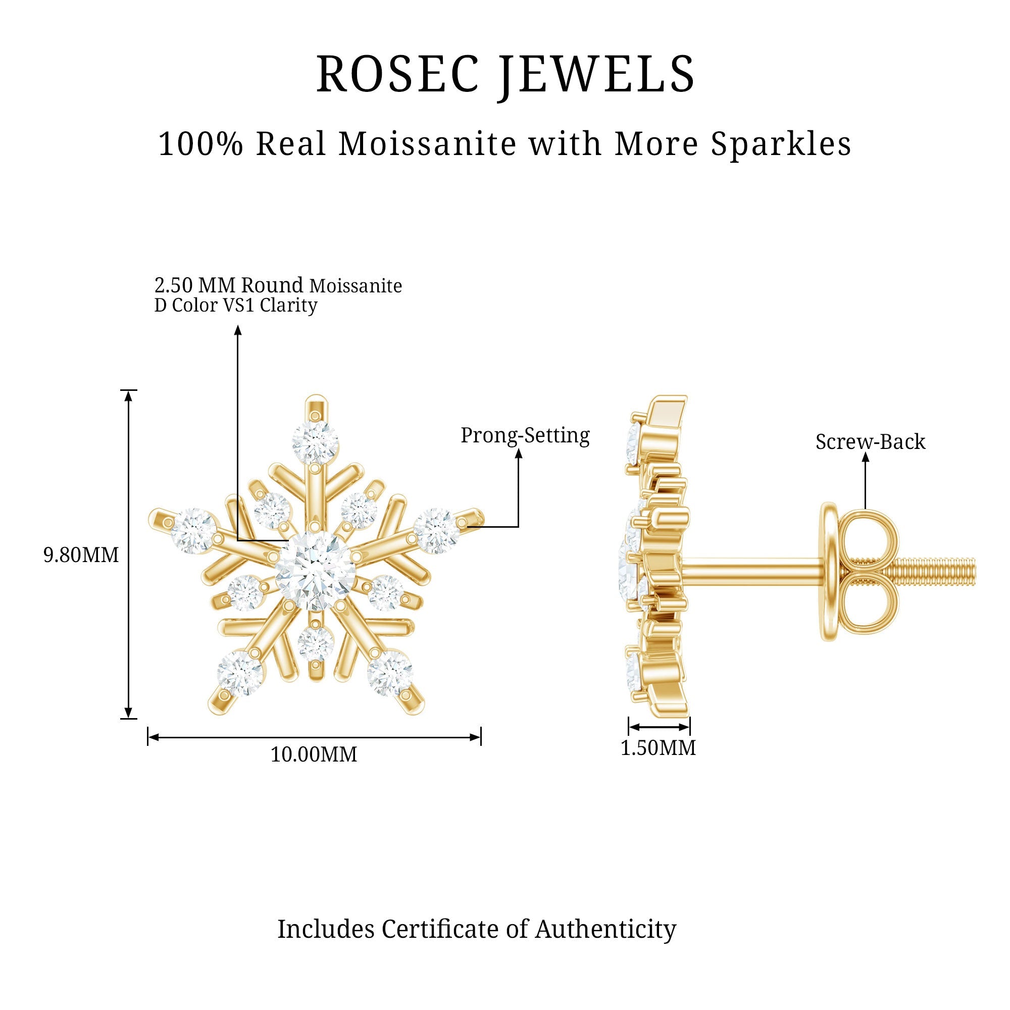 Certified Moissanite Snowflake Stud Earrings for Women
