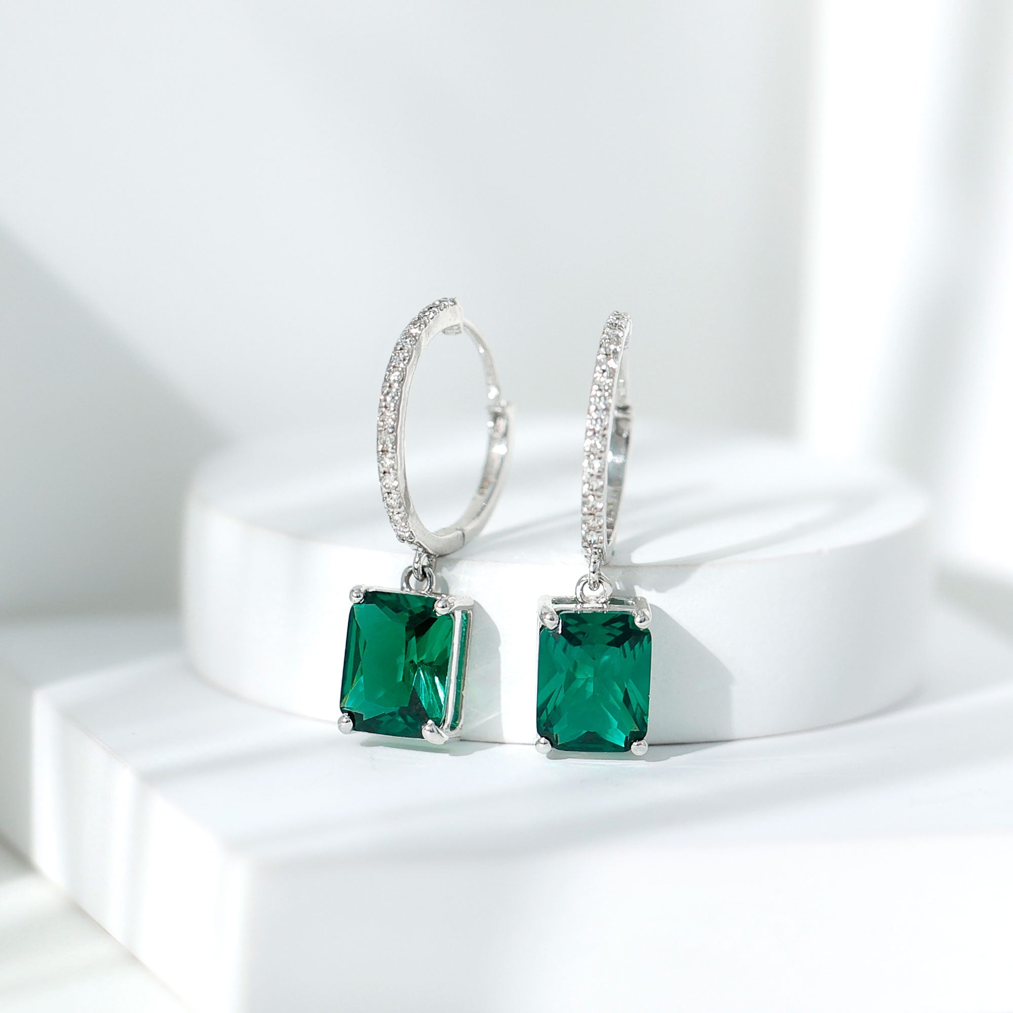 5 CT Lab Grown Emerald Hoop Dangle Earrings with Diamond