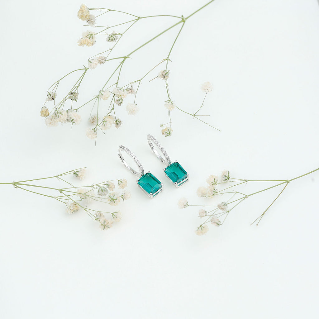 5 CT Lab Grown Emerald Hoop Dangle Earrings with Diamond