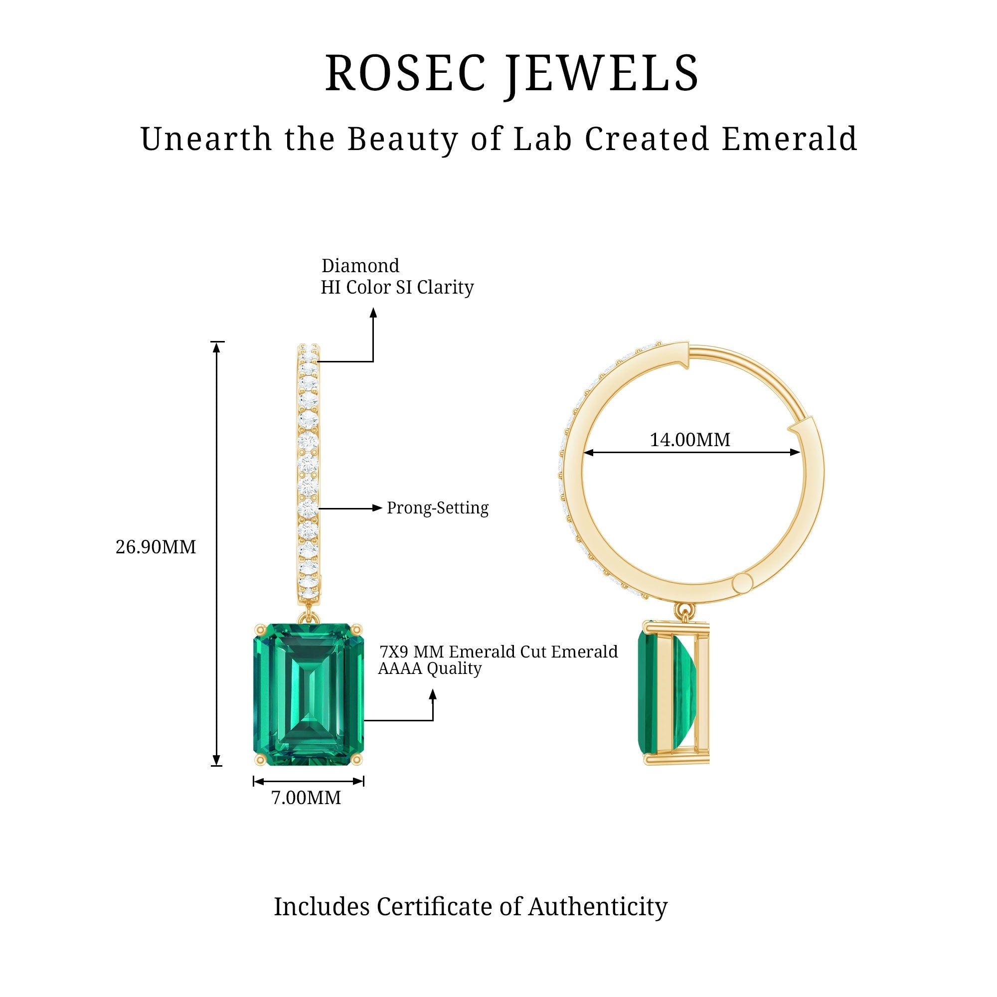 5 CT Lab Grown Emerald Hoop Dangle Earrings with Diamond