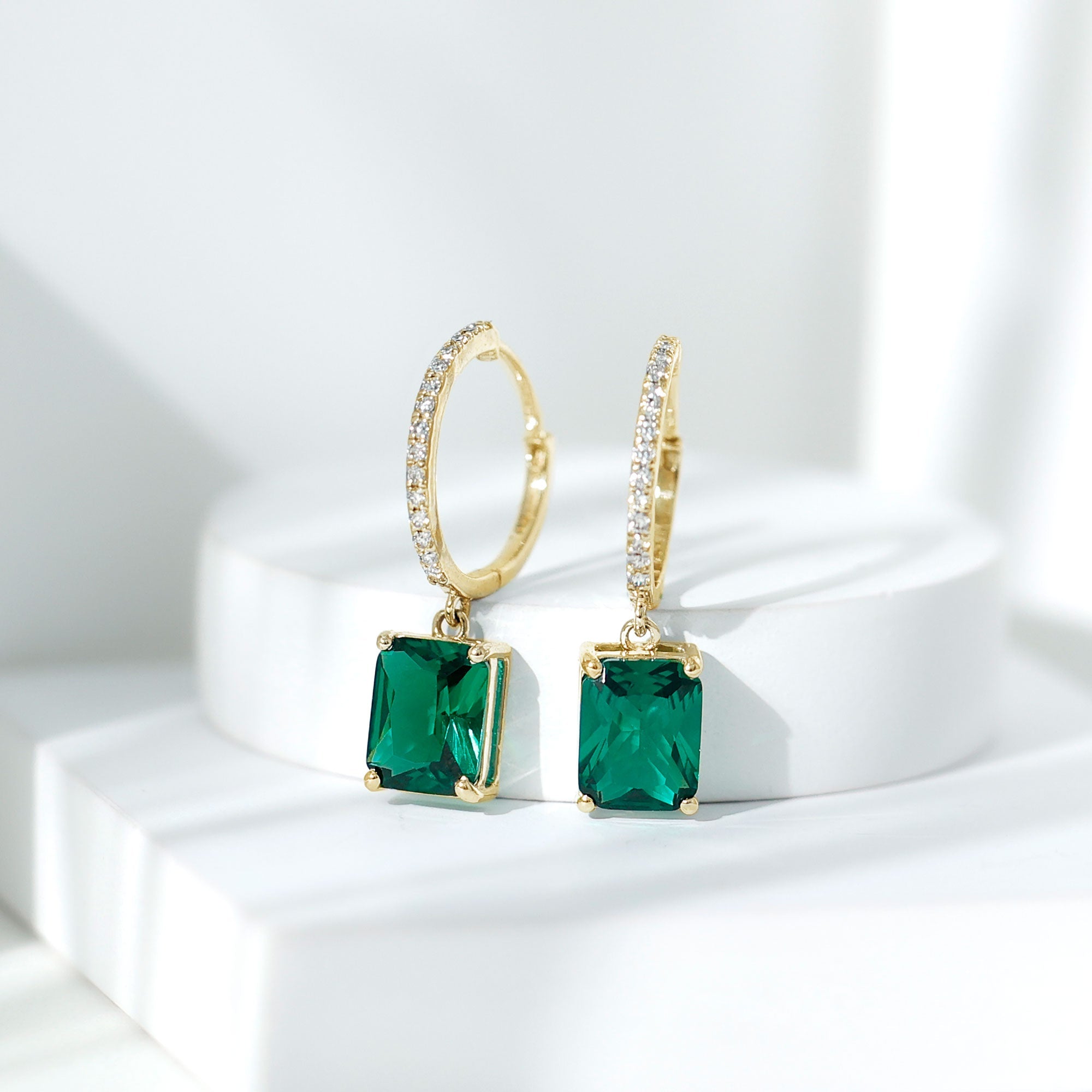 5 CT Lab Grown Emerald Hoop Dangle Earrings with Diamond