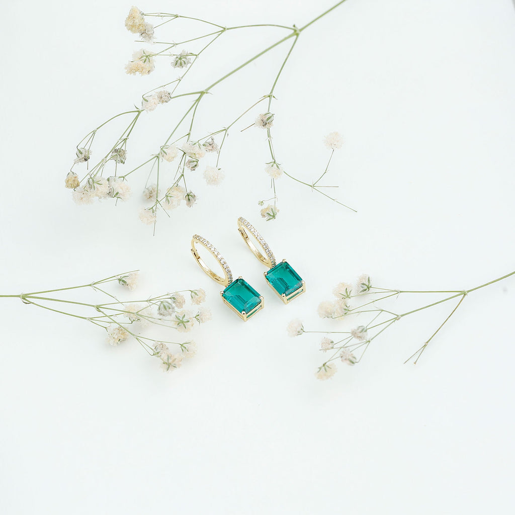 5 CT Lab Grown Emerald Hoop Dangle Earrings with Diamond