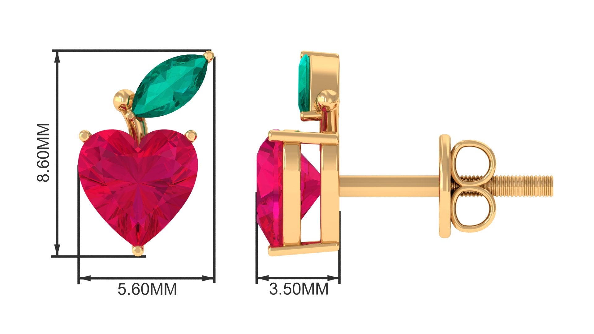 Heart Shape Ruby Strawberry Stud Earrings with Emerald