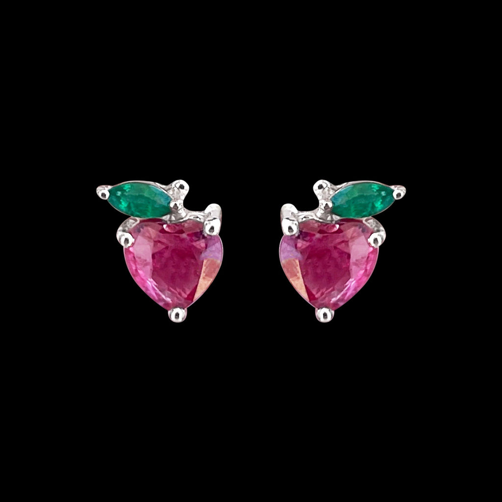 Heart Shape Ruby Strawberry Stud Earrings with Emerald