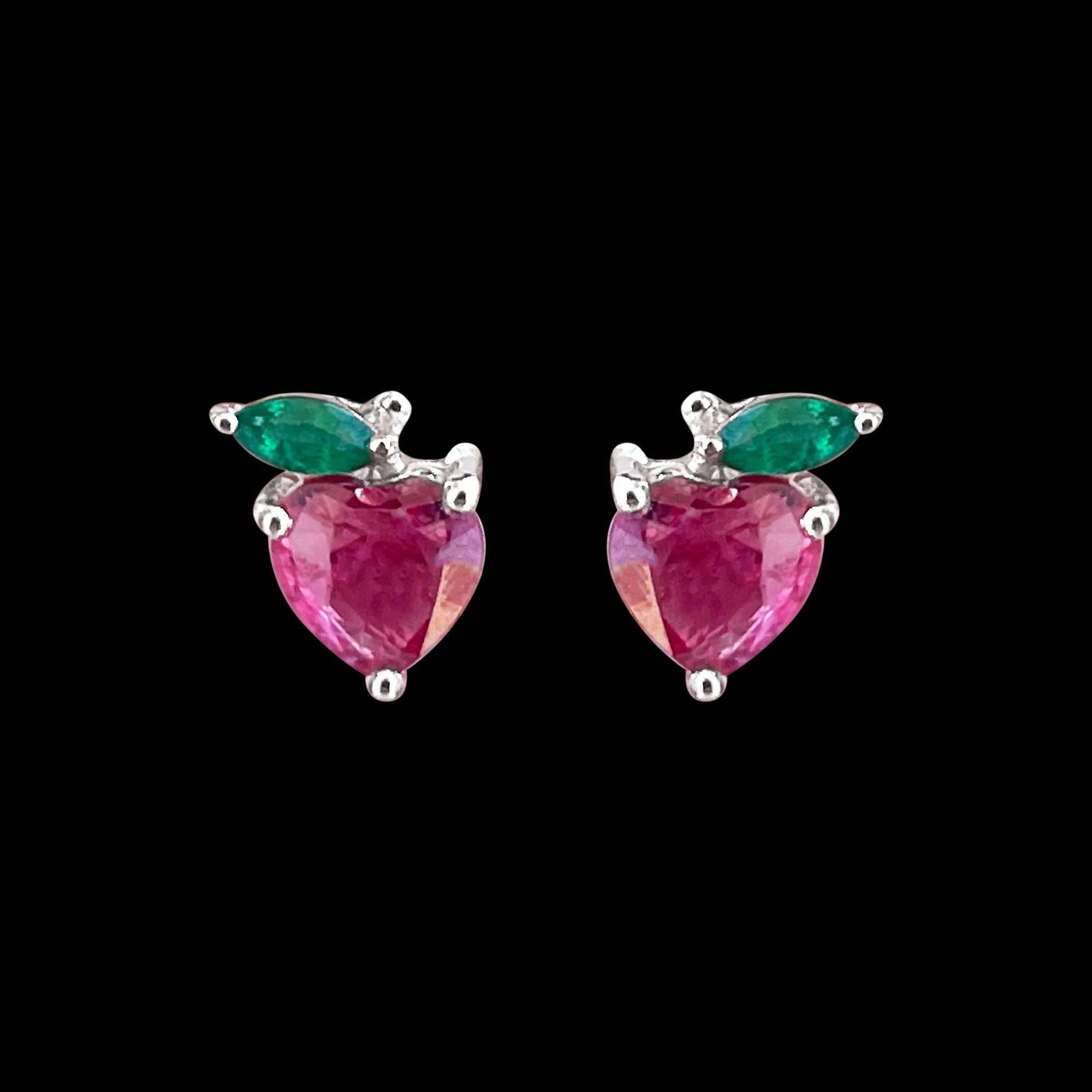Heart Shape Ruby Strawberry Stud Earrings with Emerald
