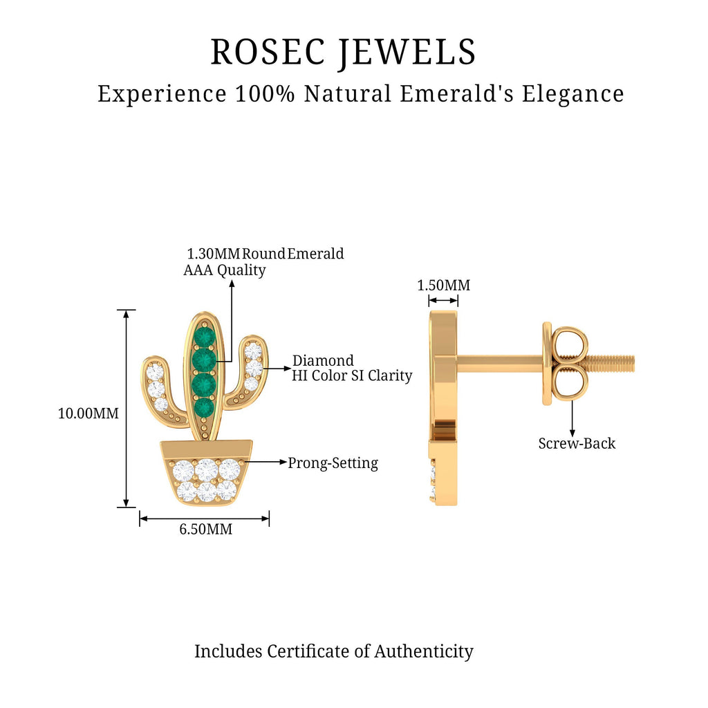 Real Emerald and Diamond Cactus Stud Earrings