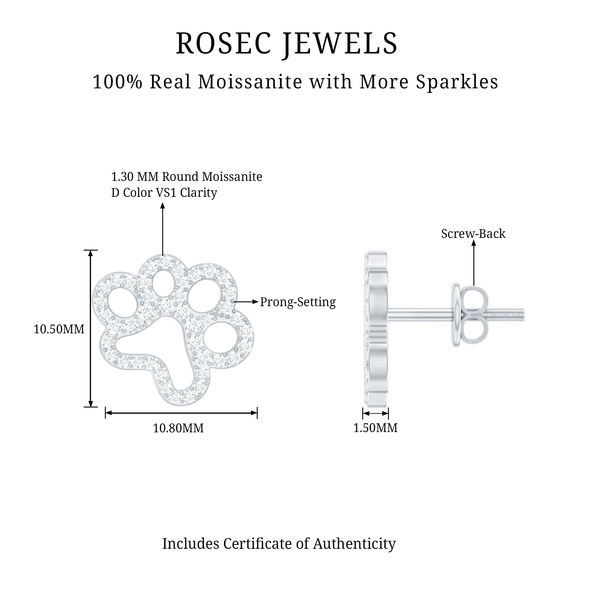 Moissanite Paw Print Earrings With Certificate