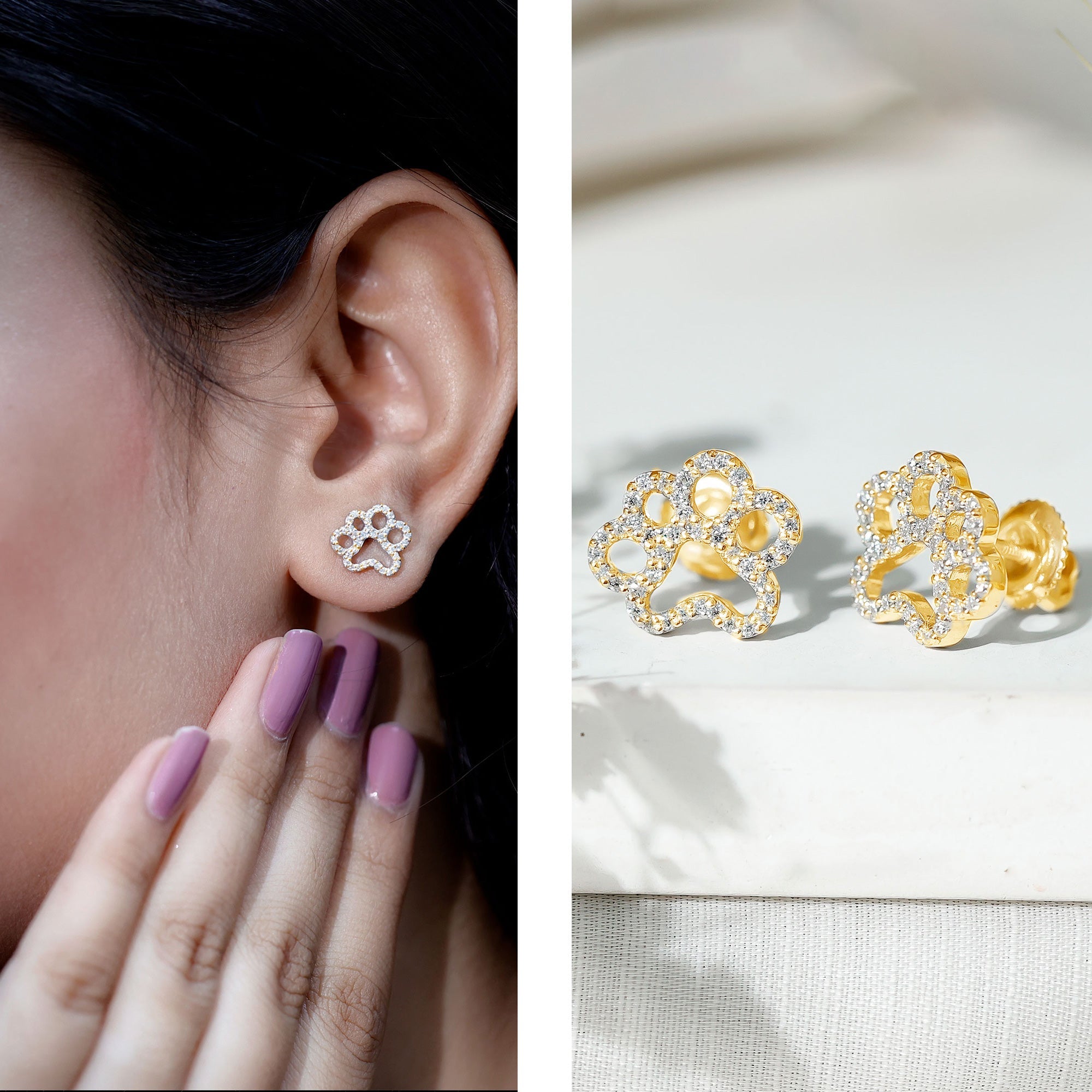 Moissanite Paw Print Earrings With Certificate