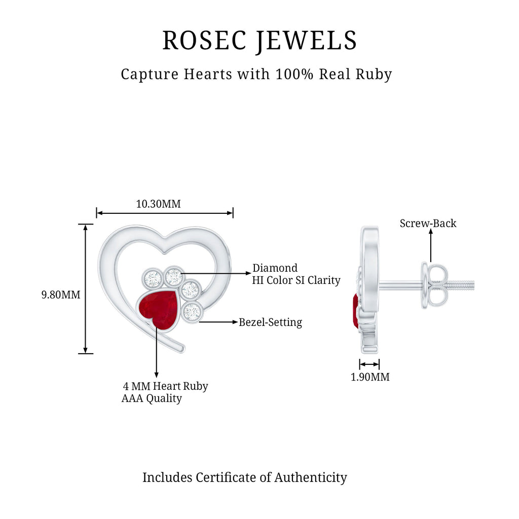 Cute Heart Paw Stud Earrings with Ruby and Diamond