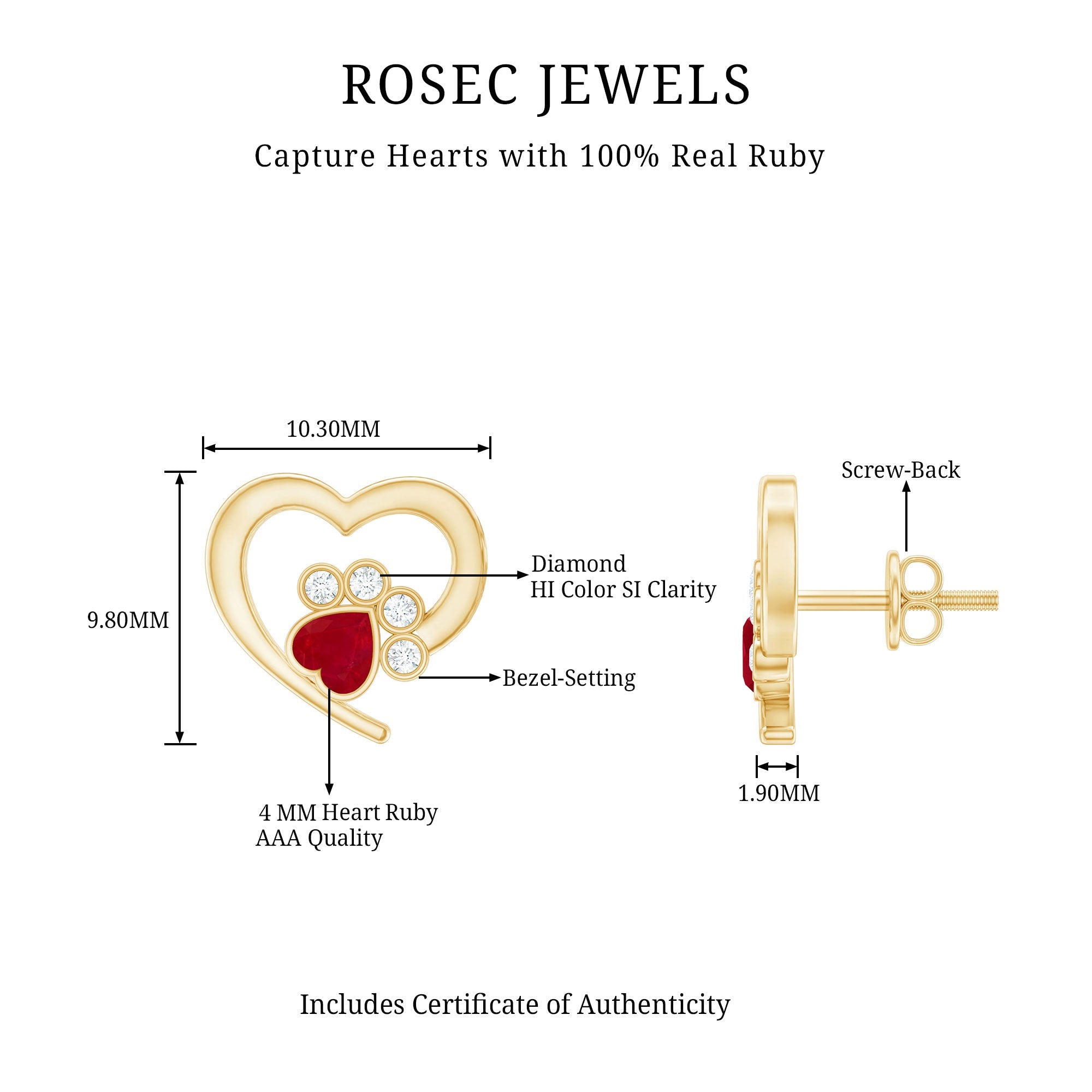 Cute Heart Paw Stud Earrings with Ruby and Diamond