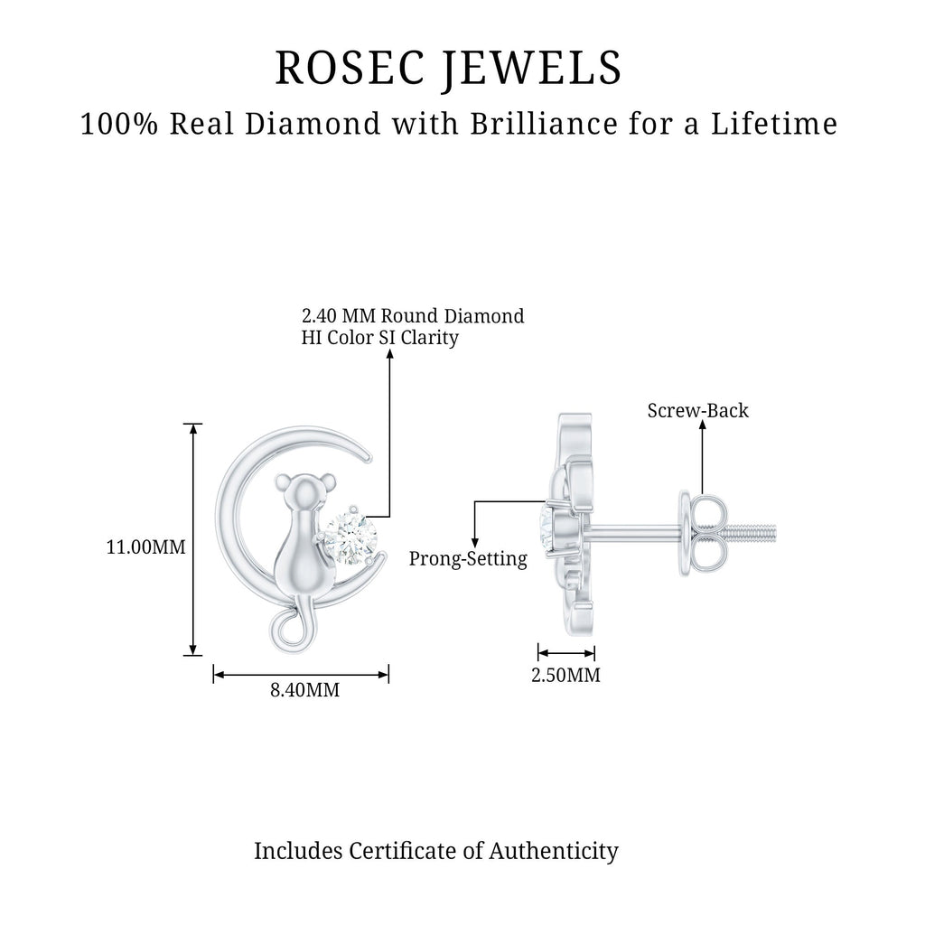 Diamond Cat Moon Stud Earrings for Women