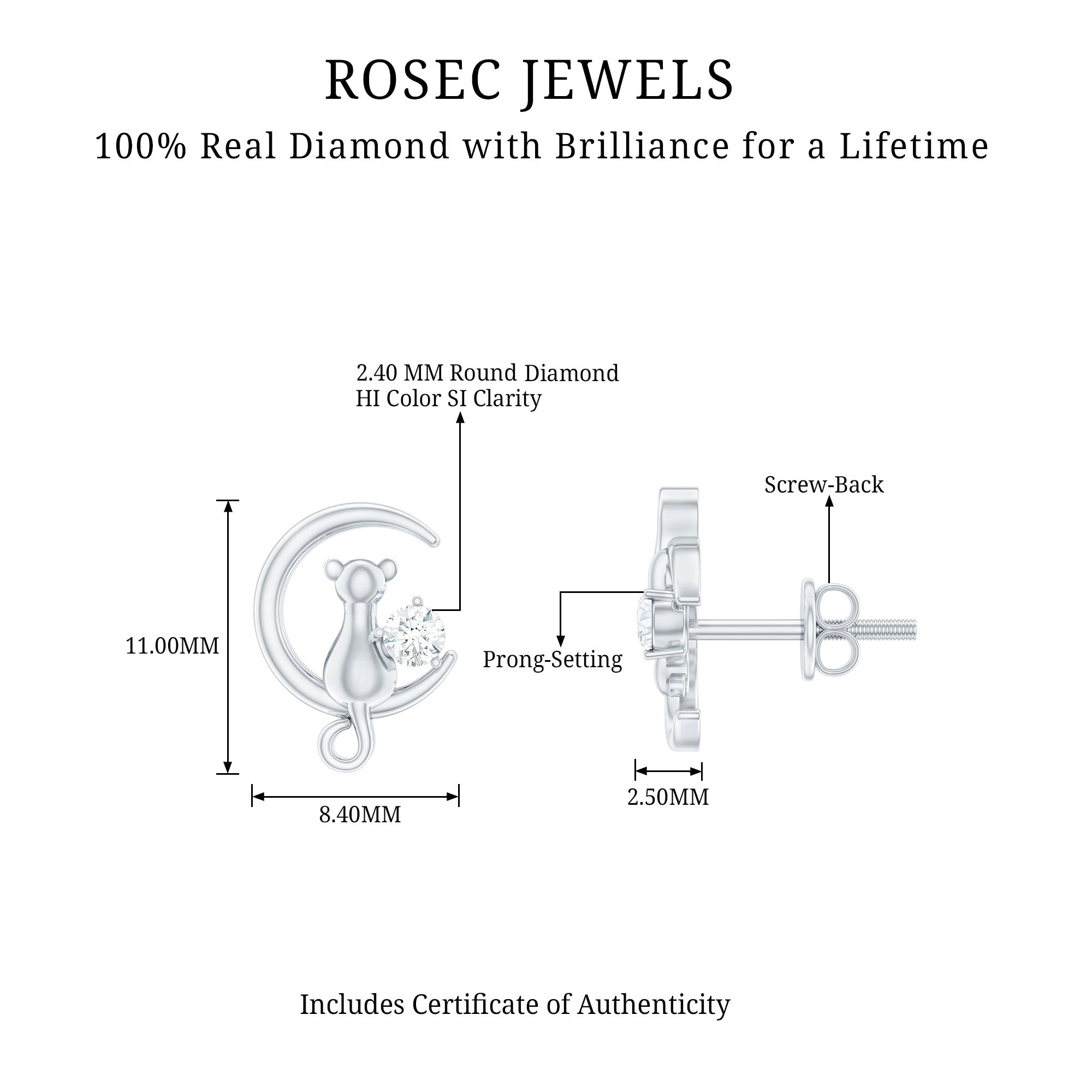 Diamond Cat Moon Stud Earrings for Women